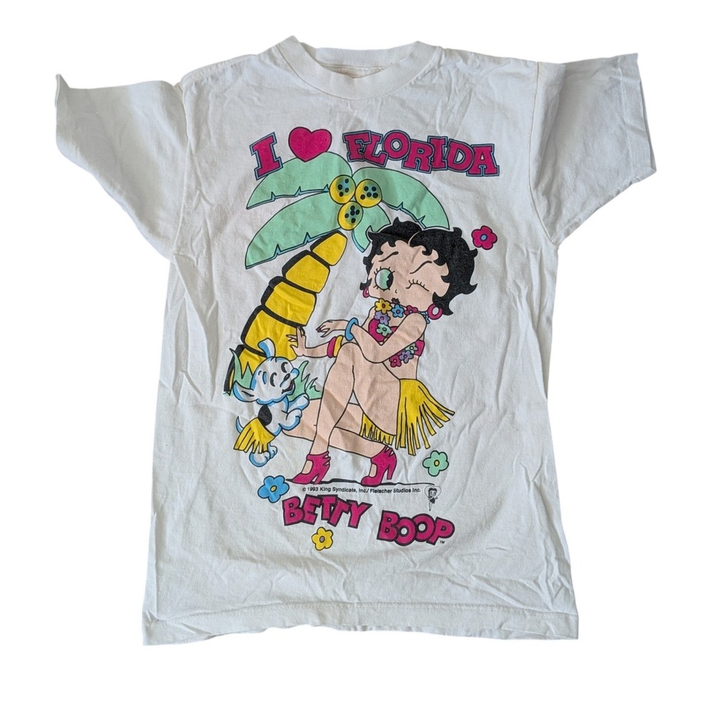 Vintage 1993 Betty Boop I Love Florida Graphic Tee Kids 14 White Cotton Retro 90